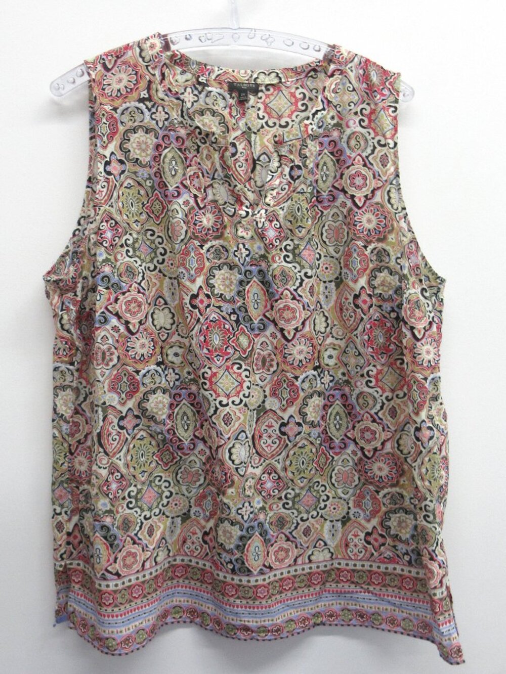 TALBOTS PLUS TANK TOP 2X FLORAL STRIPE AT BOTTOM PLEATED NECKLINE W/SLIT COTTON